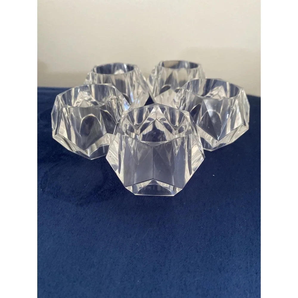 Vintage MCM Clear Lucite Acrylic Faceted‎ Round Napkin Holder Rings Set of 5 EUC